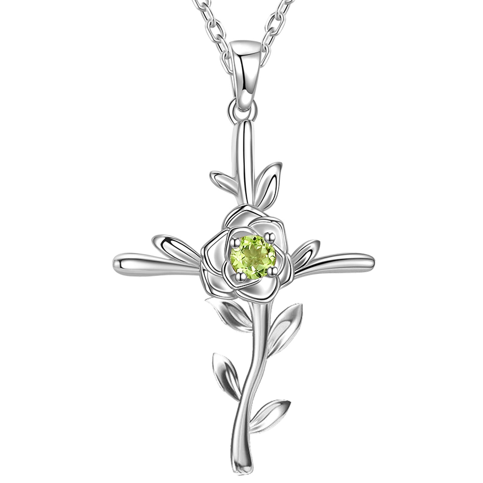 GinoMay Mothers Day Jewellery Gifts Birthday Women August Birthstone Necklace Peridot Mum Wife Love Rose Flower Jewellery Sterling Silver — image 1