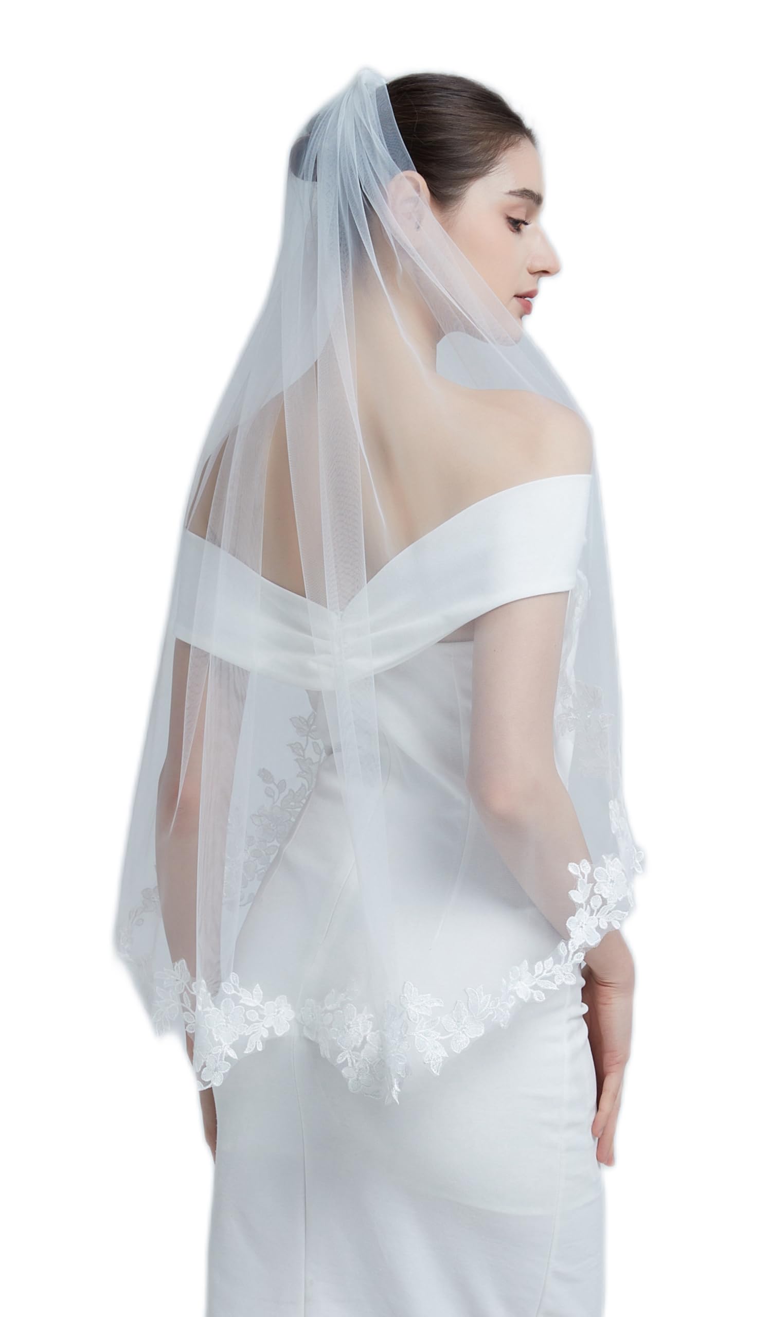 Photo 1 of vevelota Wedding Veils for Brides Lace Veils for Women with Comb 1 Tier Fingertip Length