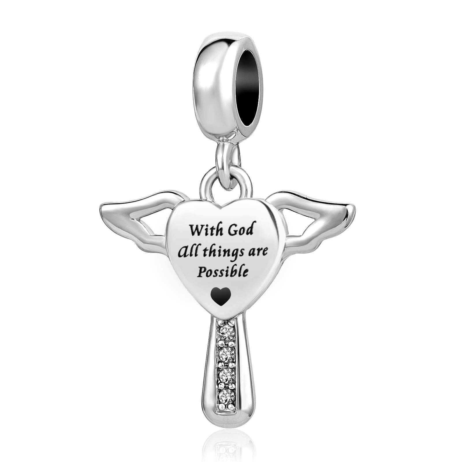 Matthew 19:26 Angel Wing Heart Cross Charm fits Pandora Charms Bracelets Birthday Bead Gift for Women Sister Bible Verse With God All Things are Possible