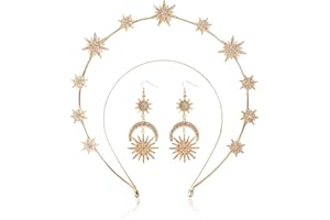 puwuto Halo Crown - Stars Crystal Goddess HeadBand with Earrings Mary Metal Halo Headpiece Celestial Crowns Tiaras for Women Bridal Wedding Costume Cosplay Party Goddess Accessories - Gold (Star)