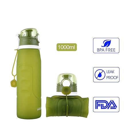 iKiKin Faltbare Wasserflasche, Medizinisches Silikon Trinkflasche, BPA frei, Lecksichere Faltbare Sportflasche für Sport, Out