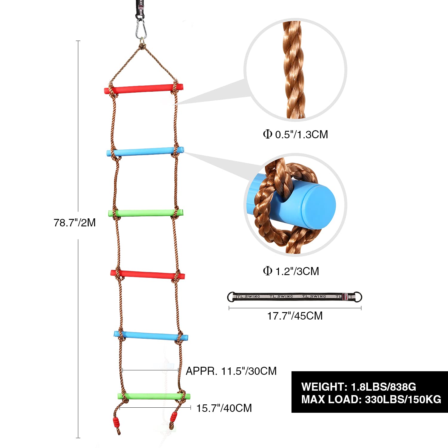 RedSwing 6.6 Ft Rope Ladder for Kids, Climbing Ladder for Swing Set, Hanging Rope Ladder with 1 Strap, Great for Play Set, Outdoor, Tree House, Playground, Ninja Slackline