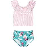 RuffleButts Girls UPF50+ Sun Protection One Shoulder Ruffle Tankini Two Piece Swimsuit