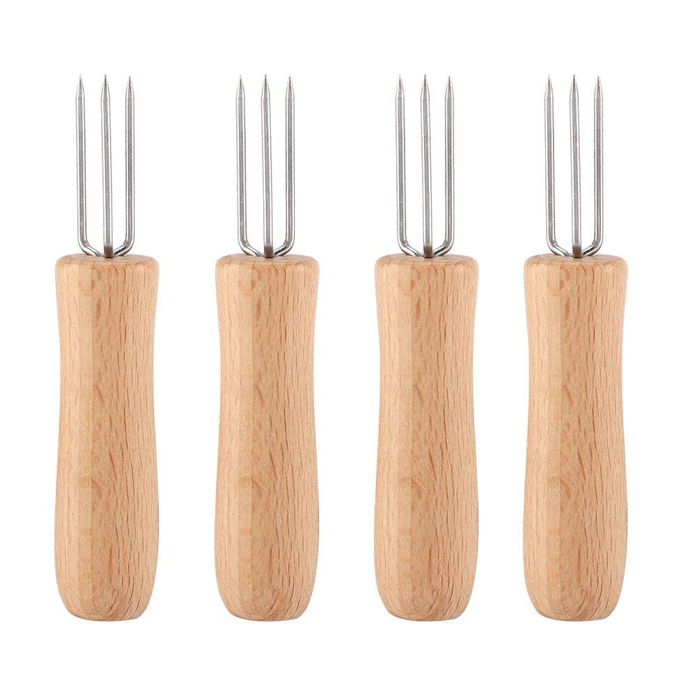 Yosoo 4 Pieces of Corn cob Holders, Small skewers Corn cob Holders Wooden Handle Stainless Steel BBQ Meat Fruit Forks Grill Corn cob Holders for Home Cooking and BBQ