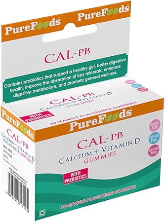 PureFoods Cal-PB Calcium+Vitamin D Sugar Free Vegetarian Chewable Gummies, Gummy for Kids Immunity, Strong Bones & Teeth with Prebiotics, Mango Flavour - (30 Gummies)