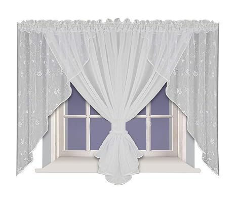 FKL Schöne Fertiggardine Fenstergardine Gardine aus Voile mit Faltenband Kräuselband Smokband Store Weiß Blumenmuster Blume 1