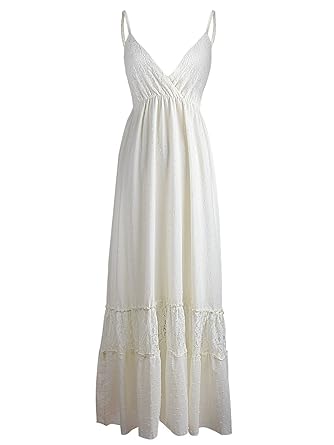 Anna-Kaci Frauen Einstellbare Träger Boho Spitze Weiß V-Ausschnitt Ärmellos Lange Maxi Kleid