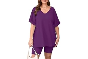 AusLook Plus Workout Sets for Women 2 Piece Sets Short Sleeve Tops and High Waist Leggings Yoga Outfits Sportswear Tracksuits