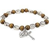 Needzo Brown Holy Family Rosary Stretch Bracelet, Natural Wood Beads with Crucifix Pendant, Catholic Jewelry Gifts, 7.5 Inches