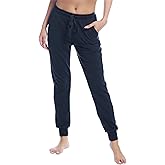 Joyaria Ladies Stretchy Cotton Sweatpants Drawstring High Waisted Joggers Light Weight with Pockets (Navy Blue,Small)