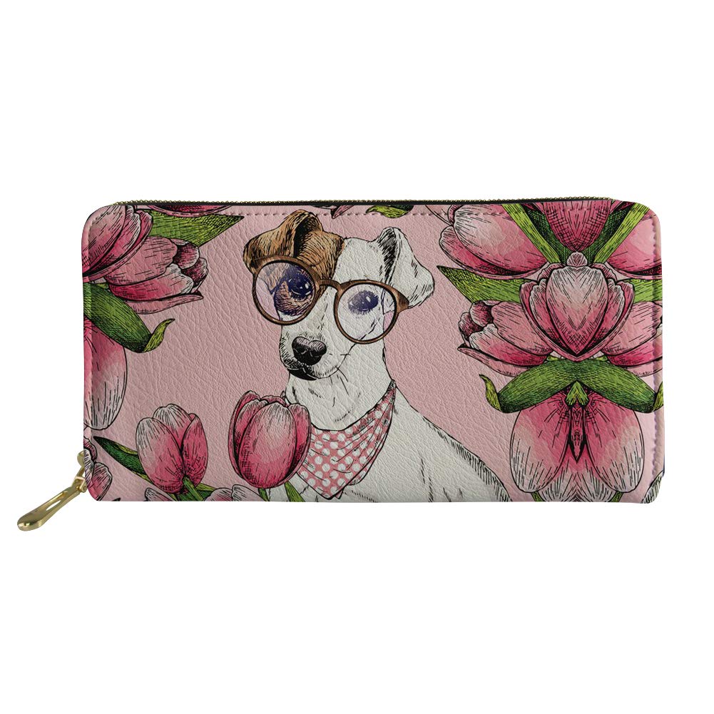 HUGS IDEA Long Wallet for Women Ladies Girls Goofy Jack Russell Terrier Dog Pattern Cute Zipper Around Purse