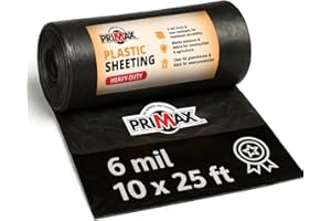 PRIMAX 6 mil Plastic Sheeting (10'x25')– Waterproof, UV Resistant, Heavy Duty Thick Plastic Sheeting Roll for Weed Barrier, Moisture, Vapor Barrier, Construction Film, Lumber Tarp, Ground Cover, Black