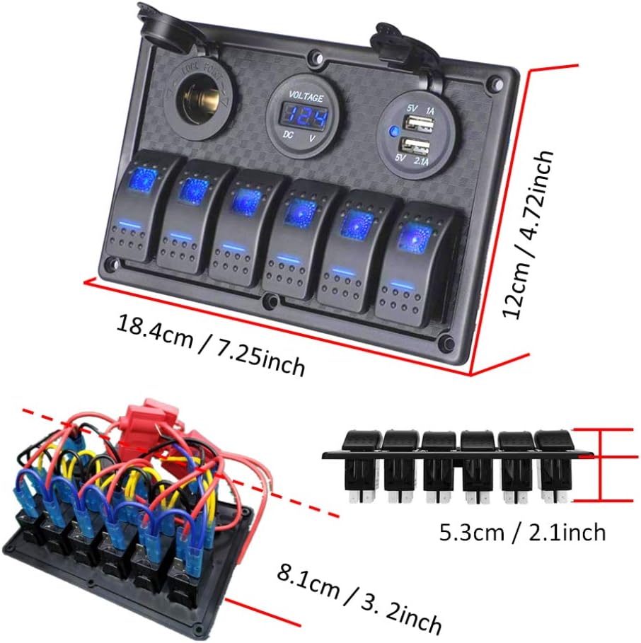 Thlevel 6 Gang Waterproof Rocker Switch Panel 12V/24V Digital Voltage Display, Dual 5V USB Charger Socket - Image 3