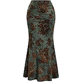 BEAUDRM Women's Vintage Goth Floral Ruched Fishtail Long Skirt High Waisted Bodycon Maxi Skirts