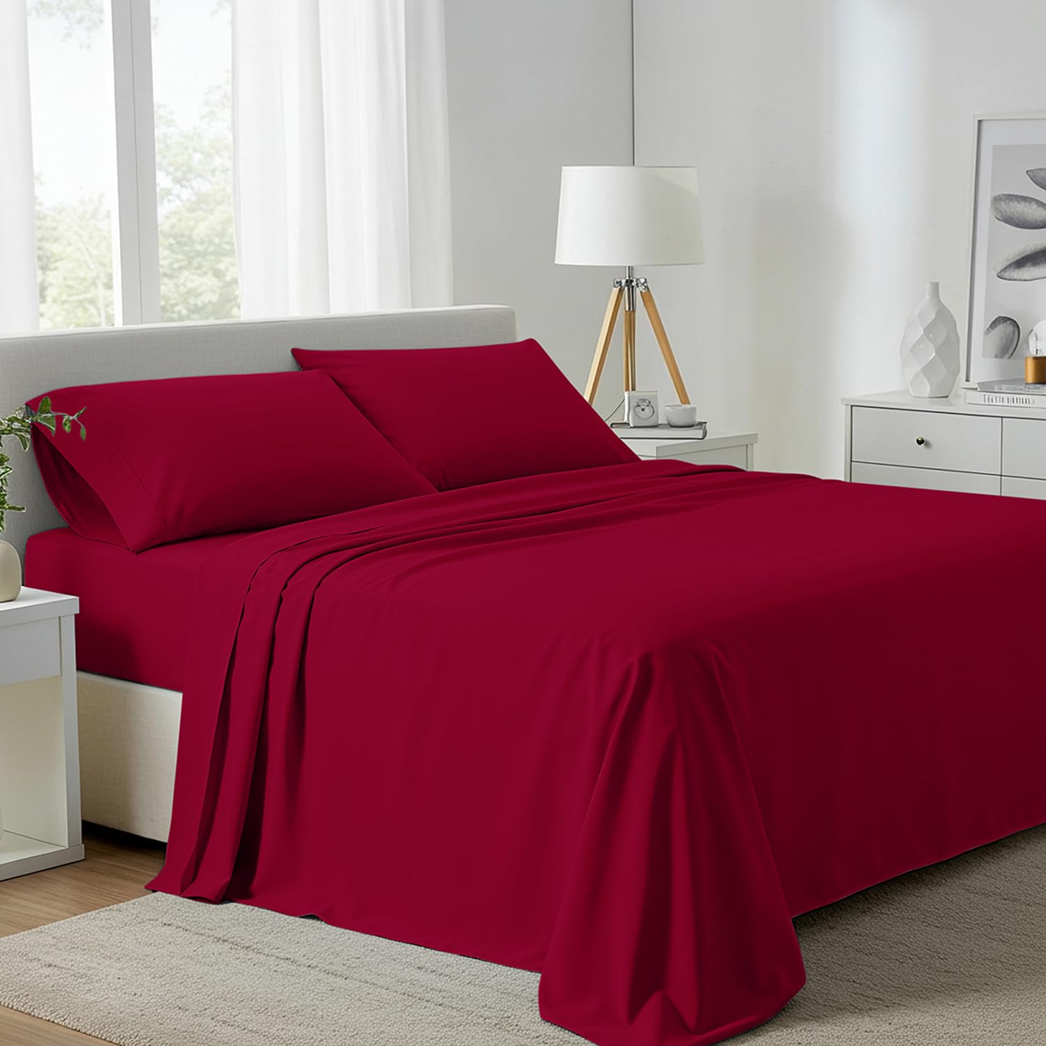 Photo 1 of Carressa Linen 100% Egyptian Cotton Sheets Full Size - 800 Thread Count 4 Piece Cotton Sheets for Full Size Bed, Luxury Hotel Sheets, Soft, Cooling Sateen Bedsheet, Fits Upto 18" Mattress - True Red