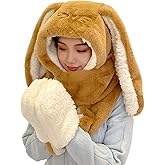 Women Cute Rabbit Ear Plush Beanie Cap Outdoor Fluffy Bunny Hat Scarf Set Indoor Warm Thick Fleece Animal Hoodie