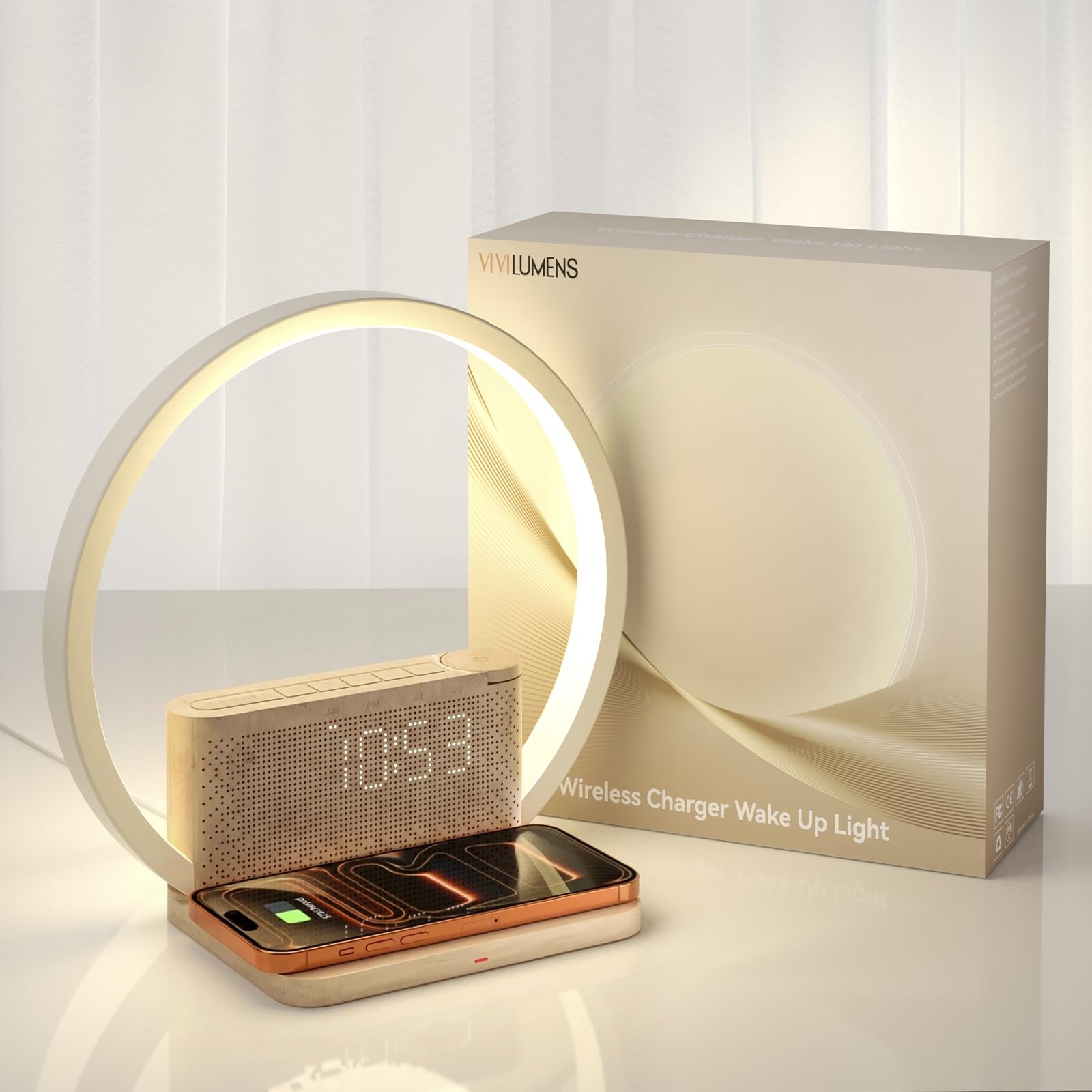 Vivilumens Sunrise Alarm Clock Wireless Charger, 10 White Noise Sound Machine Alarm Clock with 30/60/90 Mins Timer, 3 Levels Touch Night Light Dual Clocks for Heavy Sleeper Bedroom Decor Gifts for Her