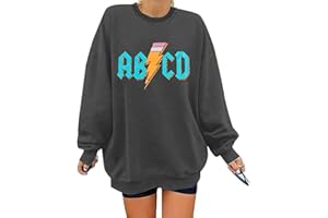 MAXIMGR ABCD Oversized Sweatshirt Women Rock'n Roll Teacher Sweatshirt Alphabet Graphic Back to School Gift Pullover Top