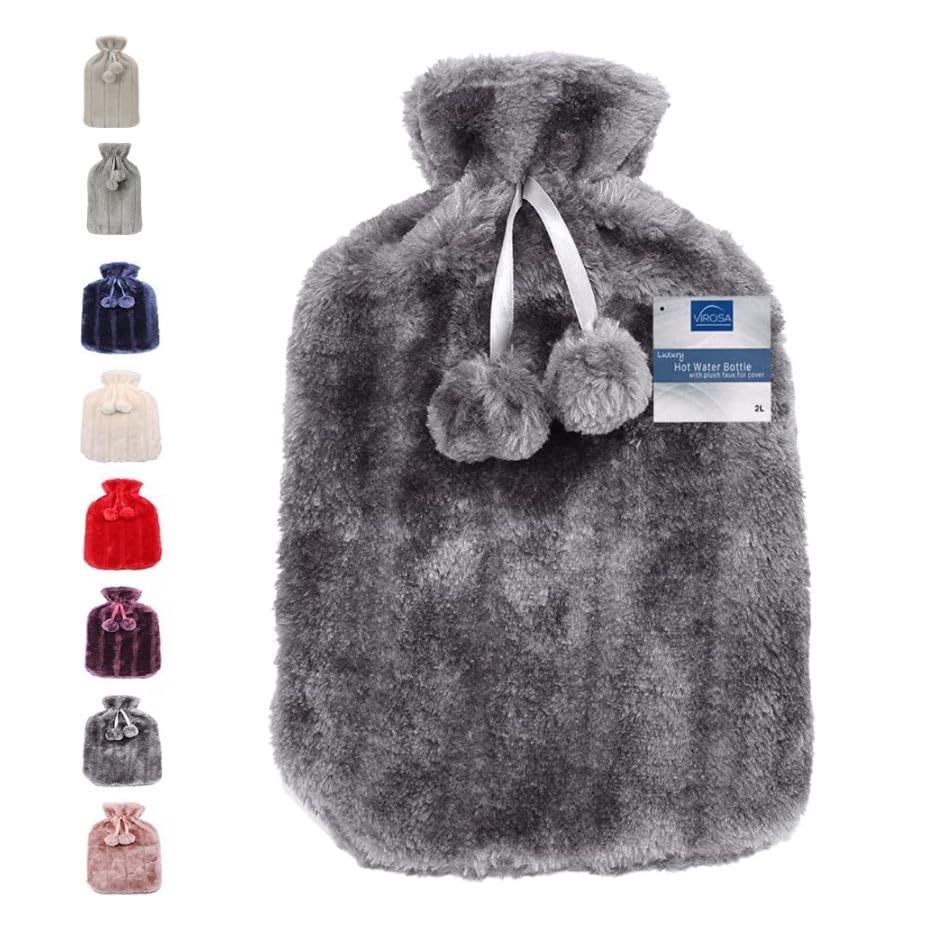VIROSA Luxury Hot Water Bottle with Soft Faux Fur Cover & Pom Poms – 2 Litre Large Leakproof Rubber Bottle for Neck, Shoulder, Back Pain Relief & Hand and Feet Warmer (Dark Grey)