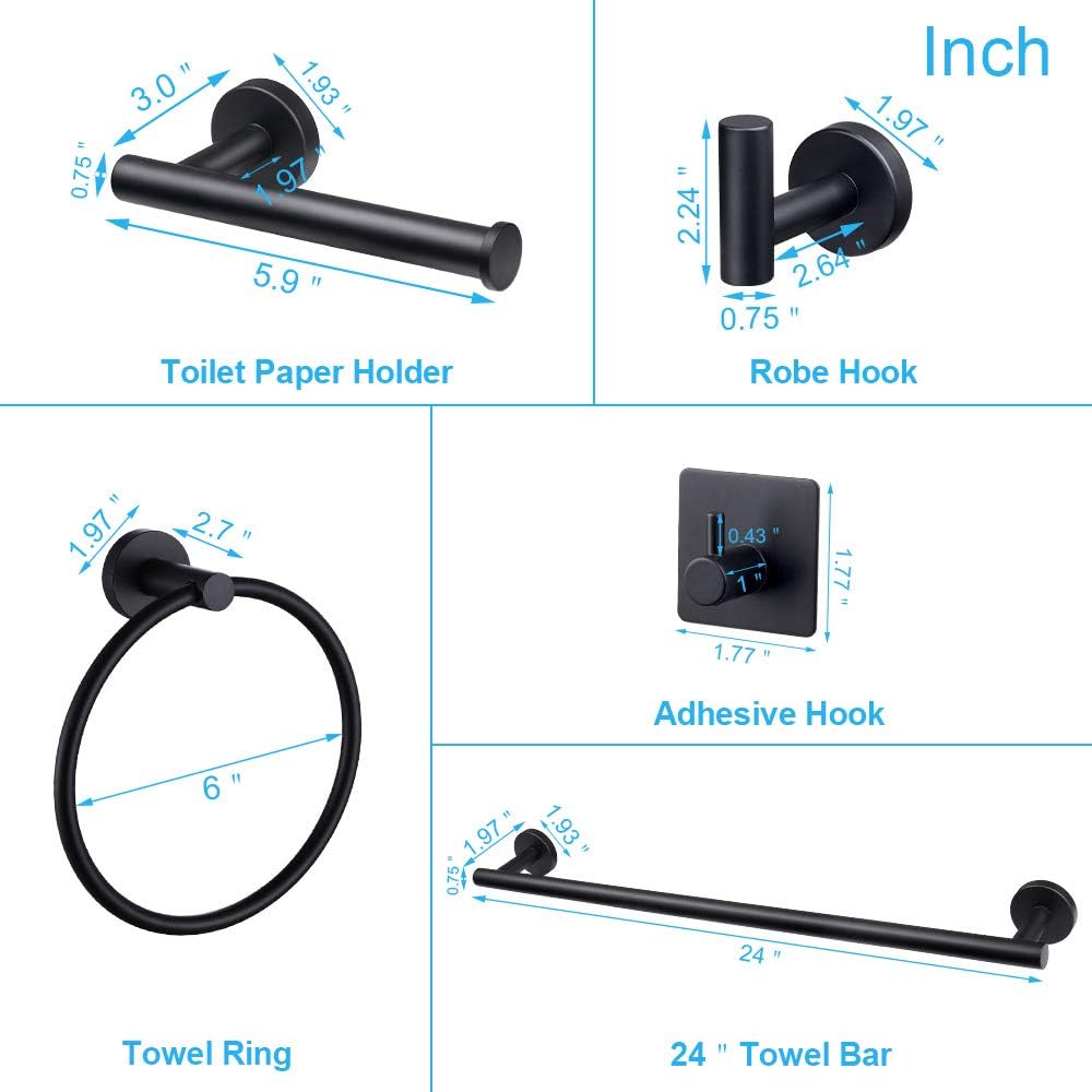 TocTen 6Piece Set Bathroom Hardware Set-304 Stainless Steel, Towel Bar Set Include Lengthen 24’’ Towel Bar+Towel Ring+Toilet Paper Holder+3 Bath Robe Towel Hook Bathroom Towel Rack Set (Matte Black): Home & Kitchen