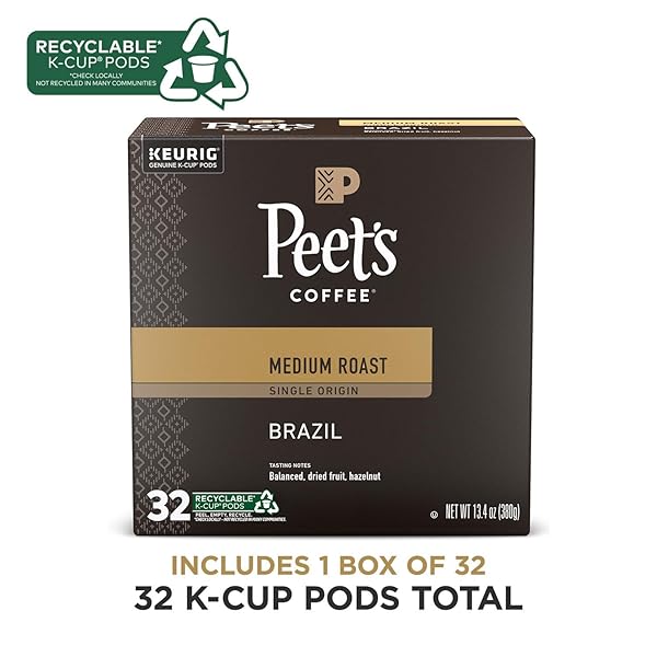 PEET’S COFFEE, MEDIUM ROAST KEURIG K-CUP PODS – SINGLE ORIGIN BRAZIL 32 COUNT (1 BOX OF 32 K-CUP PODS)