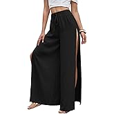 WDIRARA Women's Tie Front Elastic Waist Split Side Wide Leg Casual Pants