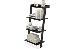 LOKO 4-Tier Ladder Shelf, 43” Tall Wooden Leaning Bookshelf Display Rack, Modern Ladder Bookshelf with Anti-Tipping Device and Top Raised Edge for Living Room, Study, Balcony (Black)