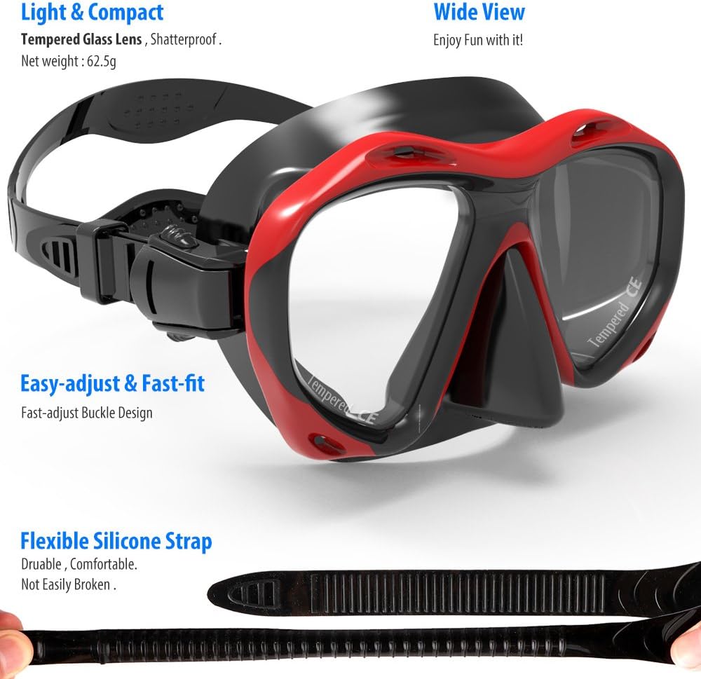 COPOZZ Scuba Mask, No Fogging Snorkeling Scuba Dive Glasses, Great Seal Free Diving Tempered Glass Mask Goggles (Red) : Sports & Outdoors