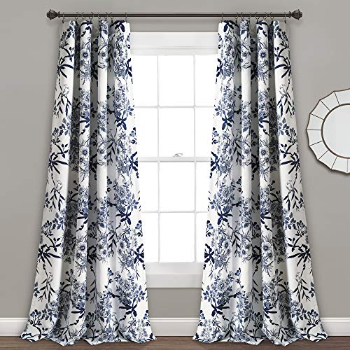 Lush Decor Tende da giardino botaniche con stampa floreale e uccellini, filtranti la luce, set per soggiorno, sala da pranzo, camera da letto (coppia), blu navy, 132 cm di larghezza x 213 cm di
