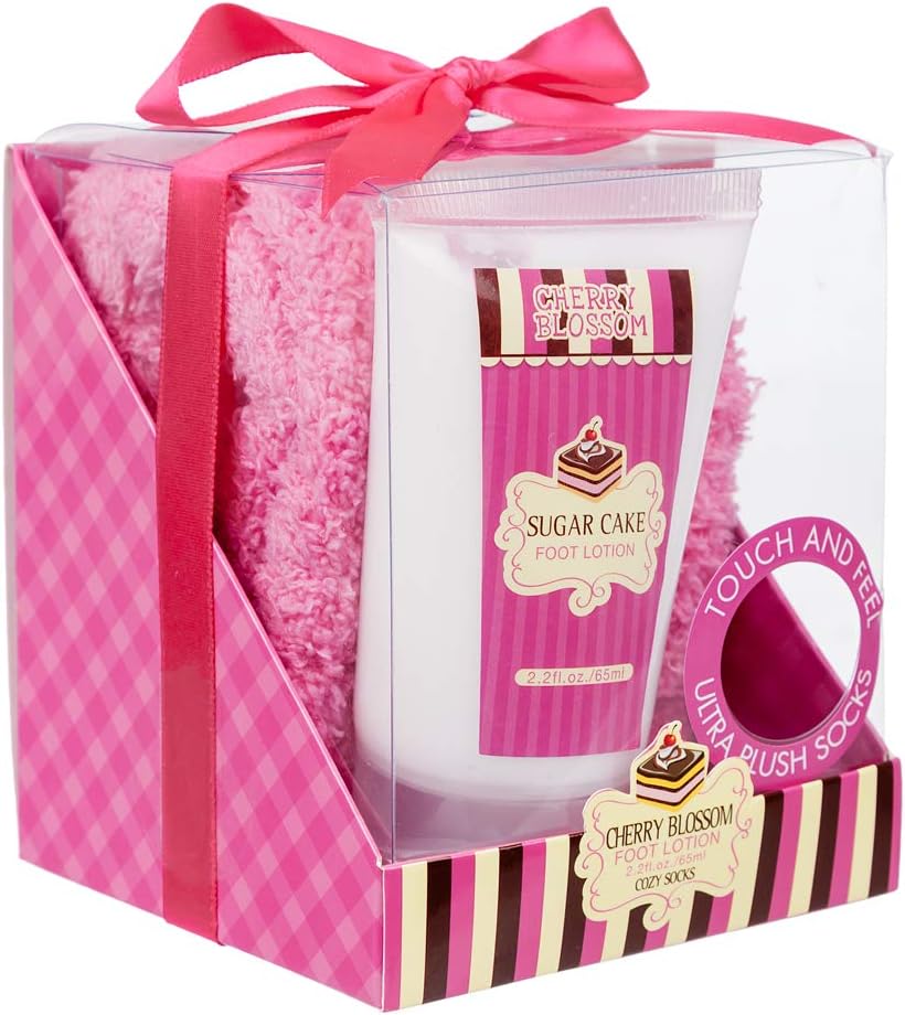 Invero 2 Piece Ladies Cherry Blossom Gift Set - Foot Lotion & Cosy Socks Pink
