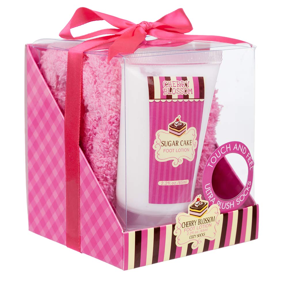 2 Piece Ladies Relaxing Cherry Blossom Gift Set - Foot Lotion and Ultra Plush Cosy Socks Complete with Pink Gift Box & Bow Ribbon