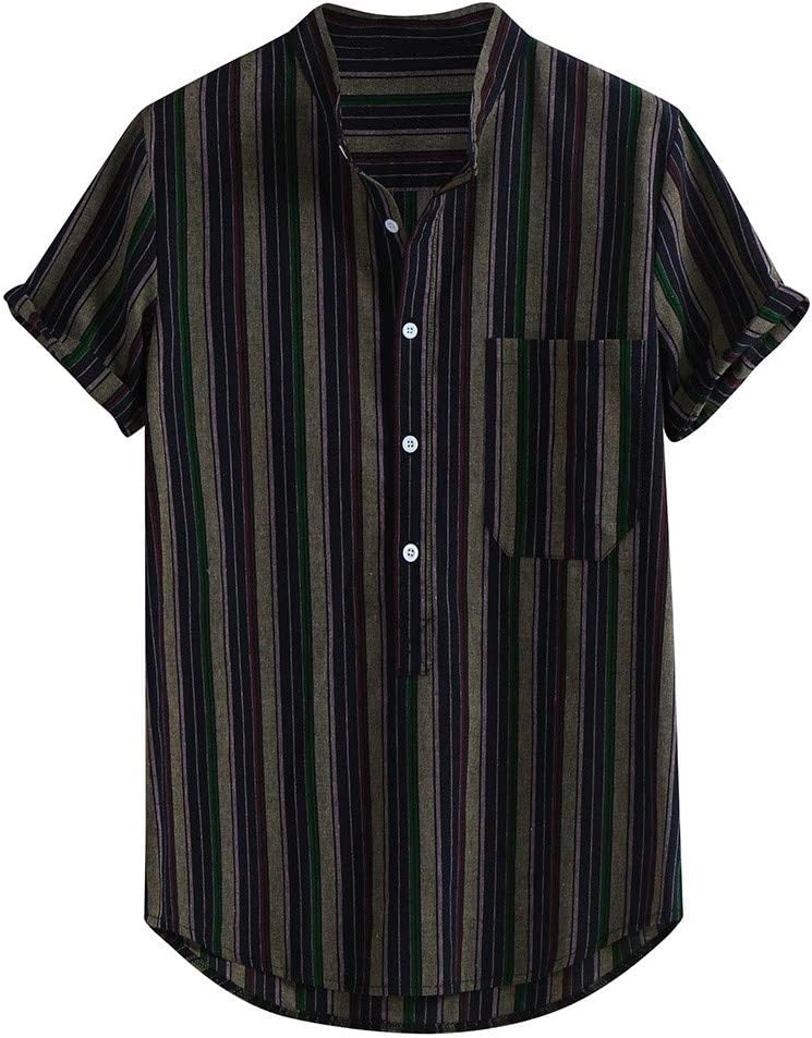 VOWUA Shirts for Mens Vintage Casual Comfy Button Hawaii Plaid Print Beach Short Sleeve Top Blouse