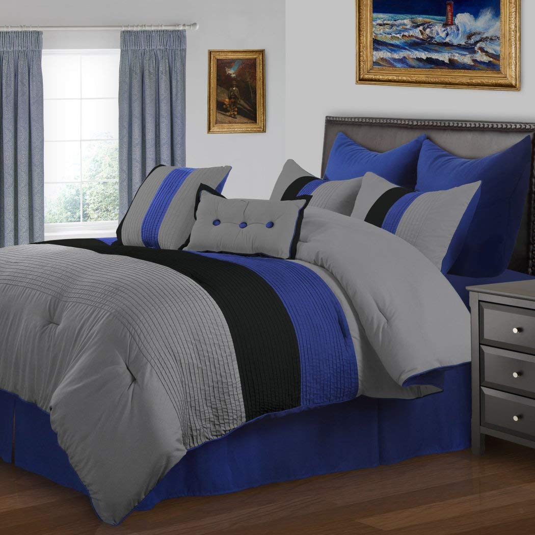 Amazon Com 8 Piece Dark Blue Grey Black Striped Comforter