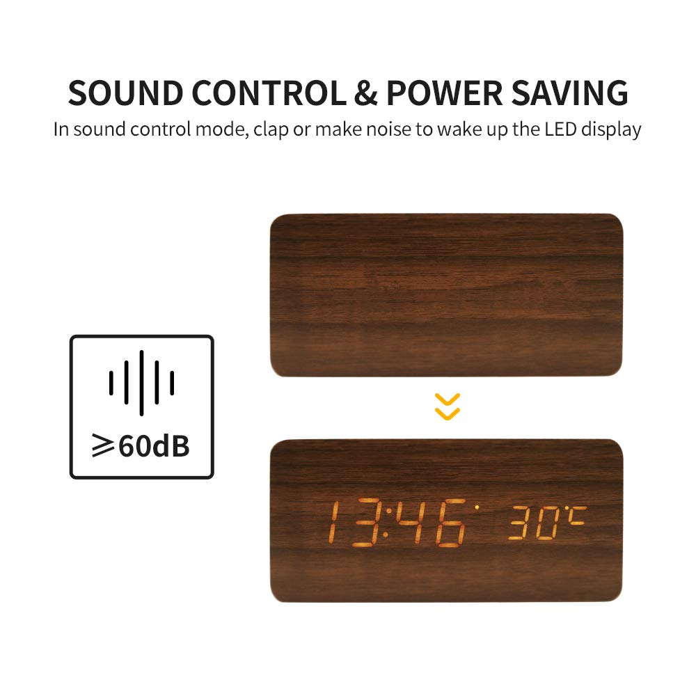 Digital Alarm Clock, LED Clocks with Display Temperature, 3 Alarm Settings, 3 Adjustable Brightness, Sound Control, Wood Alarm Clocks for Bedrooms, Brown