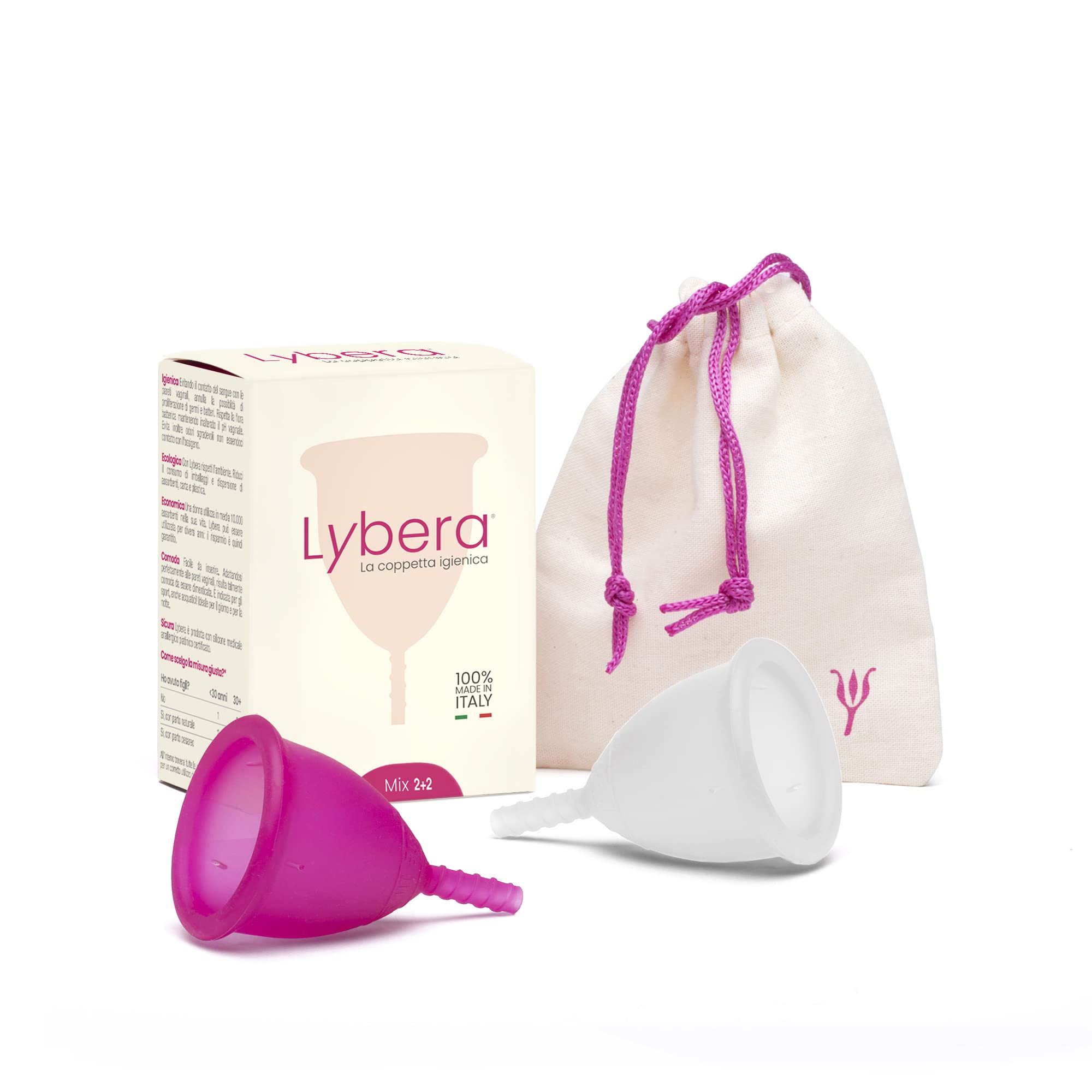 Lybera Set of 2 Menstrual Cups Made in Italy Soft Menstrual Cup Safe Medical Silicone Eco-Friendly Comfortable Size 2 x 2 Pieces Transparent Fuchsia