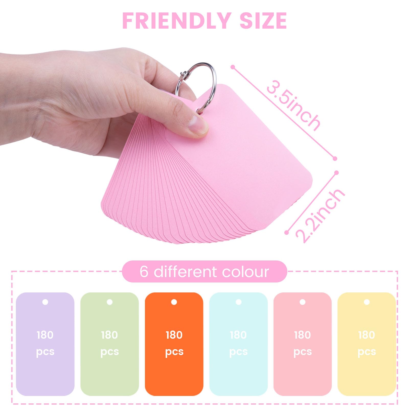 Koogel 1080PCS Index Cards with Rings for School, 2.2 x 3.5 Inch, Colored Flash Cards for Studying, Portable Notecard for Classroom Tests Preparation Teacher Education Office Supplies, 6 Colors