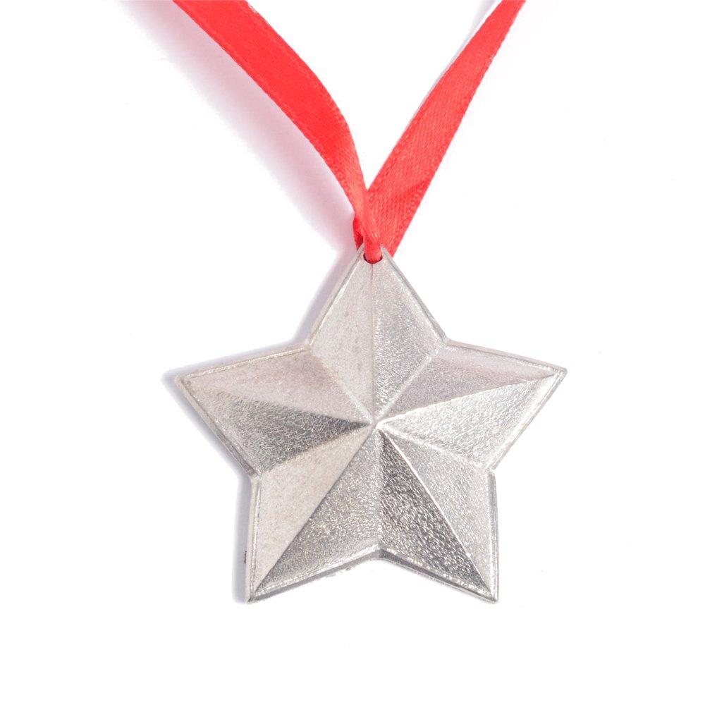 Handcrafted Tin Christmas Star Ornament – Chunky Metal Hanging Decoration with Red Ribbon | 100% Pure Tin | Traditional 10th Wedding Anniversary | Unique Festive Tree Decoration