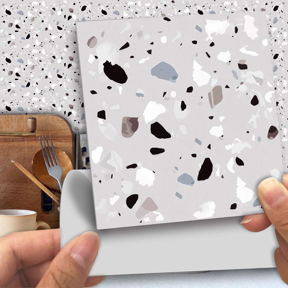 Alwayspon Wall Tile Transfers Sticker for Home Decor, Peel & Stick self-Adhesive splashback, Tile Decals for Living Room Kitchen Bathroom Wall Decor, 25 Pieces Grey Terrazzo Tile Sticker