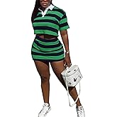 KRICESSEEN Casual Women Colorblock Striped Two Pieces Skirt Sets Short Sleeve Bare Waist Matching Set Sporty Wear Outfits