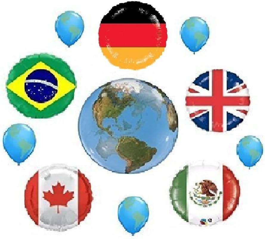 FUN WTH FLAGS ! 11pc BALLOON set PARTY new WORLD day SCHOOL event decor FLAG BALLOONS UK CANADA mexico BRAZIL germany INTERNATIONAL united NATIONS