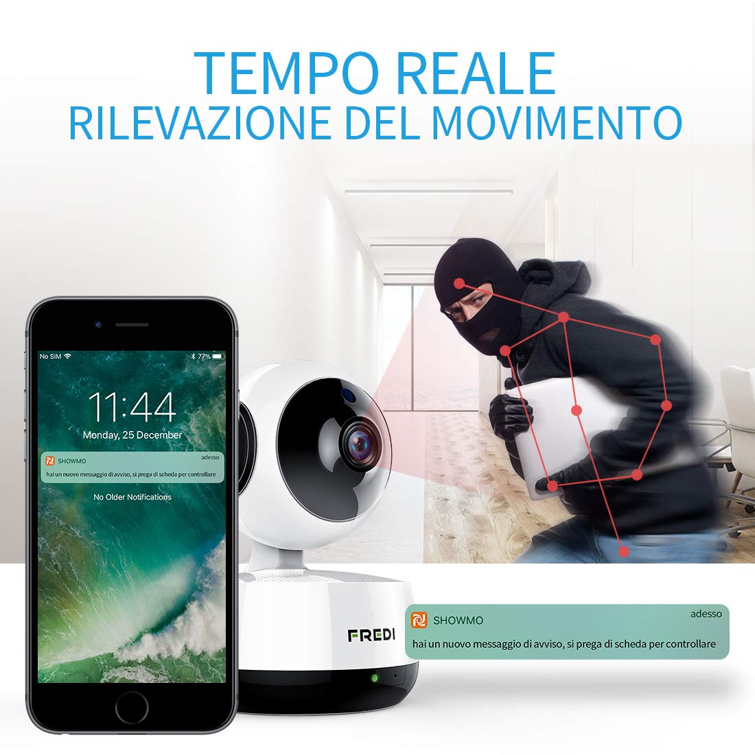 FREDI 1080P IP Telecamera di Sorveglianza Wifi Wireless Camera Interno Telecamera wi-fi senza fill con Controllo Remoto, Audio Bidirezionale, Modalità Notturna a Infrarossi Videocamera di sorveglianza Camera Compatibile con iOS Android PC (