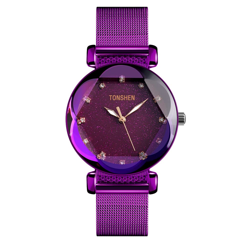 TONSHEN Fashion Stainless Steel Watch for Women and Girl Polygonal Crystal Business Casual Dress Elegant Watches Multiple Colour