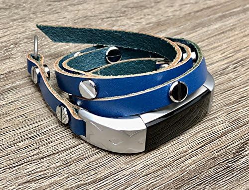 Multi Wrap Blue Leather Bracelet For Fitbit Alta &amp; Alta HR Fitness Activity Tracker Handmade Accessory Fitbit Alta Band With Silver Metal Jewelry Rivets Fashion Wristband