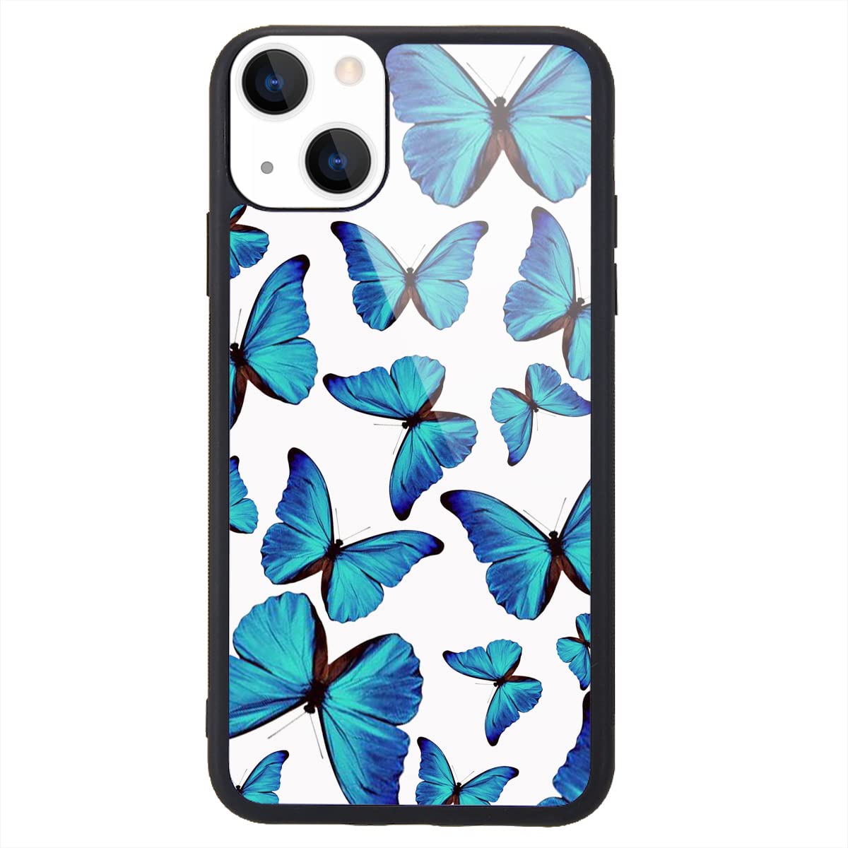 MAYCARI Cute Blue Butterfly Phone Case Compatible with iPhone 13 6.1'', Hard Back Case with Soft TPU Bumper for Girls Children Women Protective Phone Case for iPhone 13