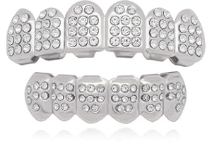 LuReen 14k Gold 6 Teeth Grillz Hip Hop Joker Diamond Top & Bottom Teeth Caps Grillz Set for Teeth Rapper Halloween Costume Cosplay