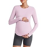 G4Free BareFeel Maternity Long Sleeve T Shirts Crewneck Ruches Pregnancy Workout Tops with Thumbholes Altheltic Yoga Tee