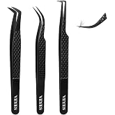 VEYES INC Lash Tweezers for Eyelash Extensions,Fiber Tip Tweezers Kit for Individual Classic and Volume Lash,3PCS Stainless Steel Lash Tweezers-Black