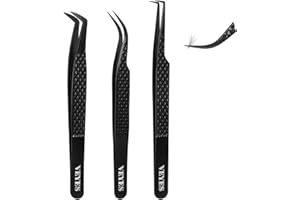 VEYES INC Lash Tweezers for Eyelash Extensions,Fiber Tip Tweezers Kit for Individual Classic and Volume Lash,3PCS Stainless Steel Lash Tweezers-Black