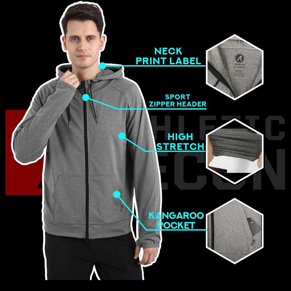 ARECON Mens Sports Running breathable hoodie Jacket stretch Full-Zip Long Sleeve Casual Sweatshirt: Clothing