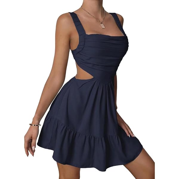 Vestido Corto De Verano Sin Mangas - Cuello Cuadrado Con Encaje, Color Sólido, Estilo Y2K Acampanado, Ideal Para Fiestas Y Playa